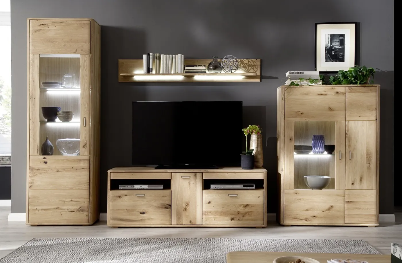 Wohnwand Wohnkombination Ravello | Balkeneiche Bianco | 4-teilig | LED Beleuchtung