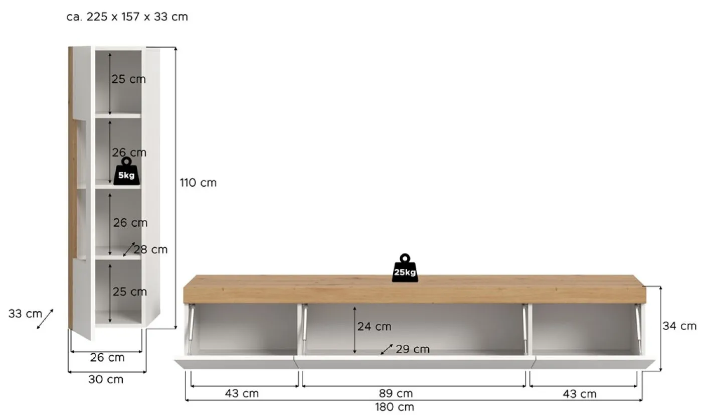 Wohnwand Wohnkombination Ruda | 2-teilig | weiß / Artisan Eiche