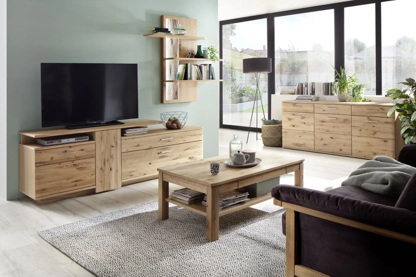 Wohnwand Wohnkombination Santori | Eiche Bianco | 2-teilig | LED Beleuchtung