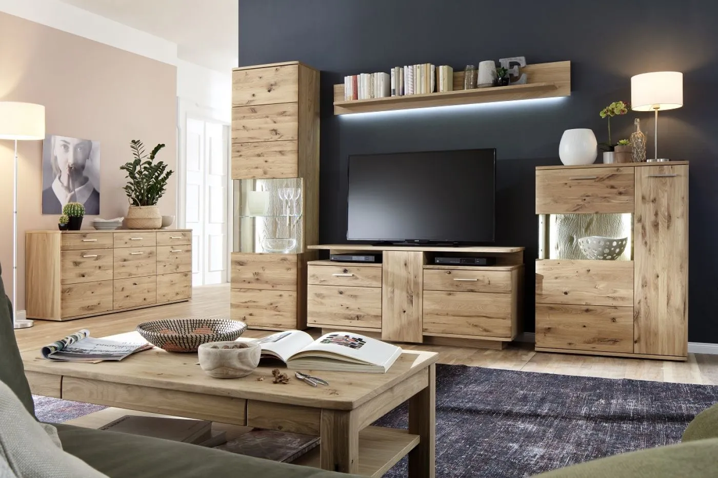 Wohnwand Wohnkombination Santori | Eiche Bianco | 4-teilig | LED 6