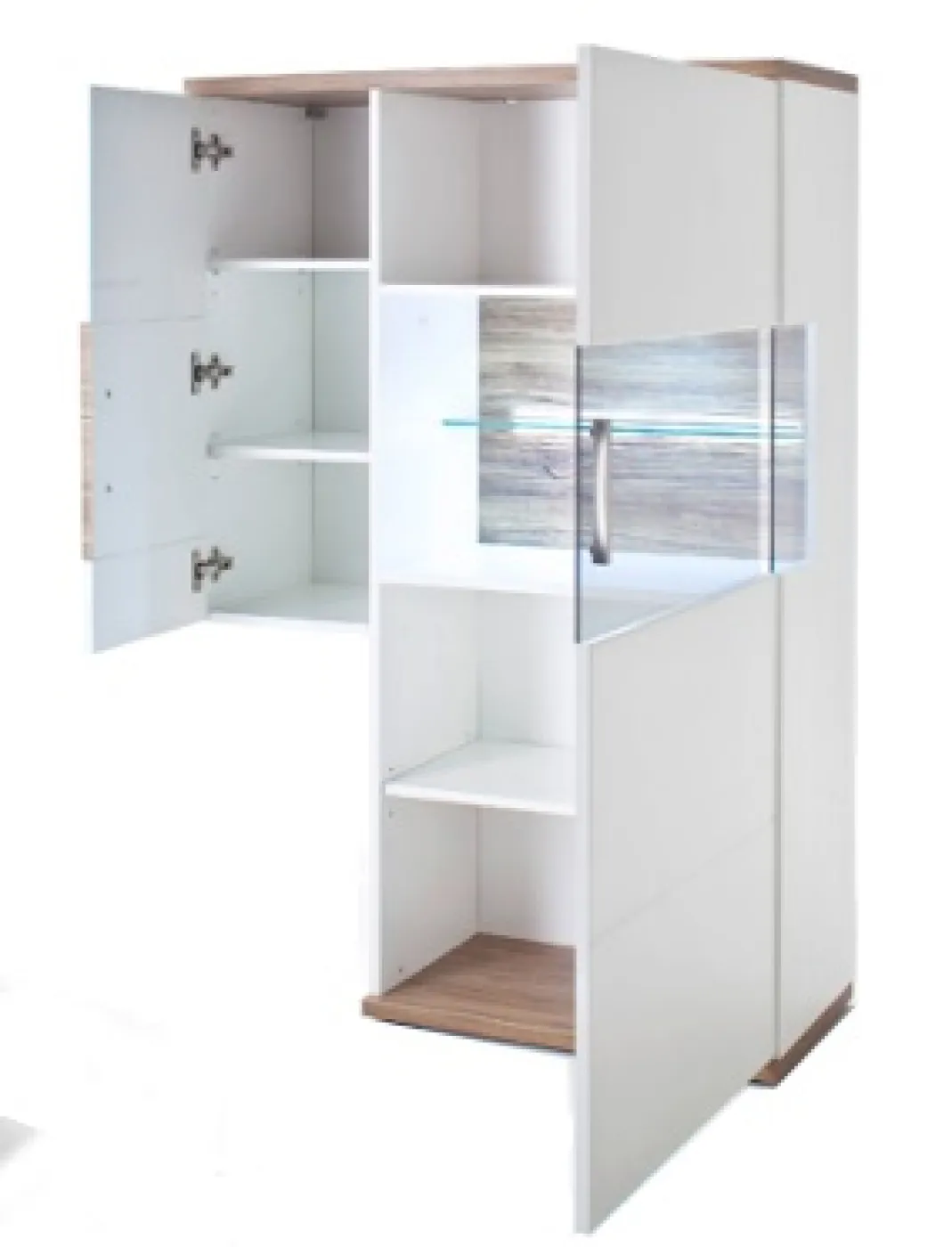 Zustellschrank Luzern | weiß Hochglanz / Sterling Oak | LED Beleuchtung Komplettset