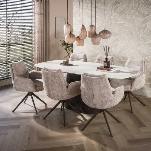 2er Set Stuhl Chavi | mit Armlehnen | drehbar | Hoven-Stoff | sand - braun