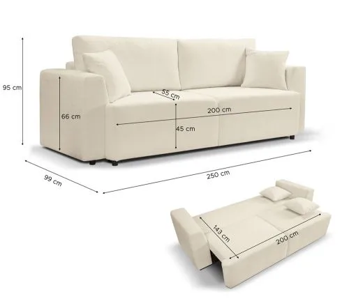 3-Sitzer Schlafsofa Point | 250cm | Webstoff | Creme