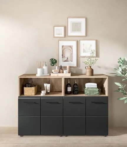 Bad Kommode Ice 3a | 2-teilig | Nox Oak / schwarz matt