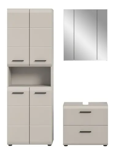 Bad Set Badkombination Ice, 3-teilig, im Bad, Hochschrank mit offener Nische, Spiegelschrank und Waschtisch mit Unterschrank – Ansicht 3