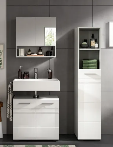 Bad Set Copa 5 | 3-teilig | hellgrau / weiß Hochglanz mit Aufsatzleuchte