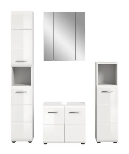 Bad Set Ice 1, 4-teilig, Badmöbel-Set mit Spiegelschrank, Unterschrank mit Schubladen, Hochschränken und offenem Regal – Ansicht 2