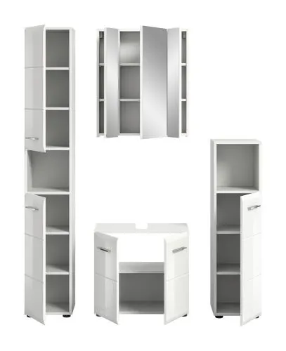 Bad Set Ice 1, 4-teilig, Badmöbel-Set mit Spiegelschrank, Unterschrank mit Schubladen, Hochschränken und offenem Regal – Ansicht 3
