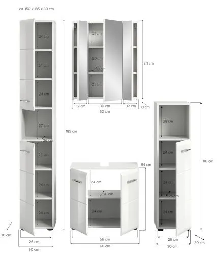 Bad Set Ice 1, 4-teilig, Badmöbel-Set mit Spiegelschrank, Unterschrank mit Schubladen, Hochschränken und offenem Regal – Ansicht 4