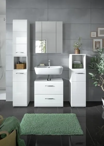 Bad Set Ice 1, 4-teilig, Badmöbel-Set mit Spiegelschrank, Unterschrank mit Schubladen, Hochschränken und offenem Regal – Ansicht 6
