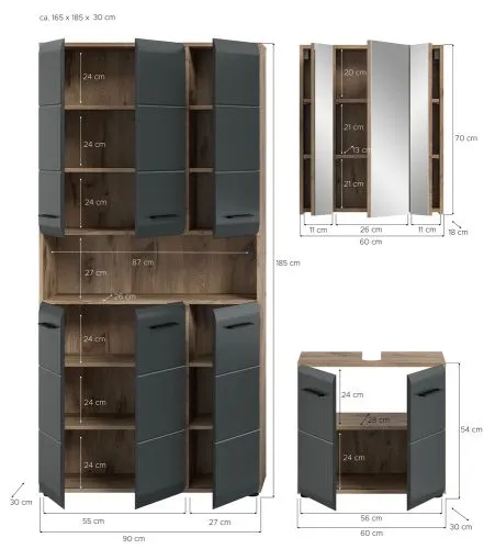 Bad Set Ice 10 | 3-teilig | Nox Oak / schwarz matt ohne