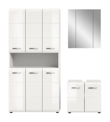 Bad Set Ice 10, 3-teilig, im Bad, Hochschrank mit offenen Fächern, Spiegelschrank und Waschtisch mit Unterschrank – Ansicht 3