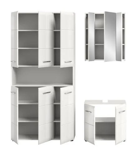 Bad Set Ice 10, 3-teilig, im Bad, Hochschrank mit offenen Fächern, Spiegelschrank und Waschtisch mit Unterschrank – Ansicht 4