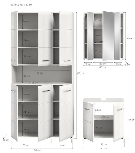 Bad Set Ice 10, 3-teilig, im Bad, Hochschrank mit offenen Fächern, Spiegelschrank und Waschtisch mit Unterschrank – Ansicht 5