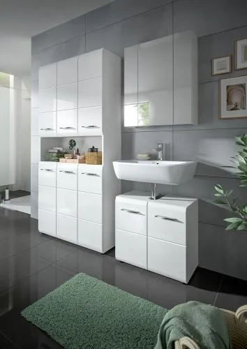 Bad Set Ice 10, 3-teilig, im Bad, Hochschrank mit offenen Fächern, Spiegelschrank und Waschtisch mit Unterschrank – Ansicht 7
