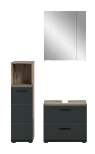 Bad Set Ice 2, 3-teilig, schwarz matt, im Bad, Spiegelschrank, Waschtisch mit Unterschrank und Hochschrank – Ansicht 3