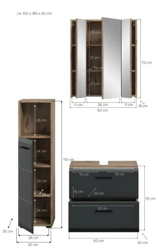 Bad Set Ice 2 | 3-teilig | Nox Oak / schwarz matt ohne