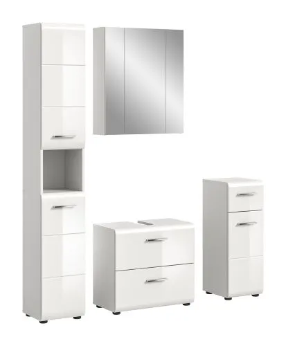 Bad Set Ice 2, 4-teilig, weiß Hochglanz, im Bad, Waschtisch mit Unterschrank, Spiegelschrank, Hochschrank und Seitenschrank – Ansicht 2