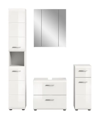 Bad Set Ice 2, 4-teilig, weiß Hochglanz, im Bad, Waschtisch mit Unterschrank, Spiegelschrank, Hochschrank und Seitenschrank – Ansicht 3