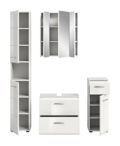 Bad Set Ice 2, 4-teilig, weiß Hochglanz, im Bad, Waschtisch mit Unterschrank, Spiegelschrank, Hochschrank und Seitenschrank – Ansicht 4