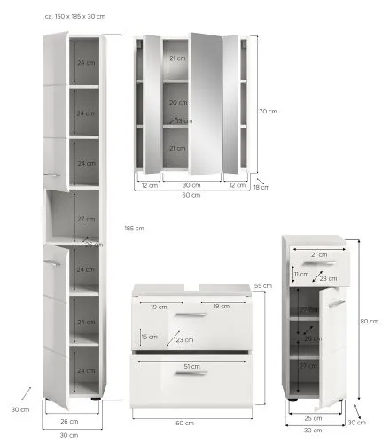 Bad Set Ice 2, 4-teilig, weiß Hochglanz, im Bad, Waschtisch mit Unterschrank, Spiegelschrank, Hochschrank und Seitenschrank – Ansicht 5