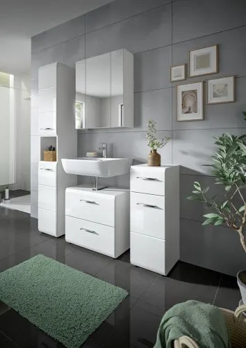 Bad Set Ice 2, 4-teilig, weiß Hochglanz, im Bad, Waschtisch mit Unterschrank, Spiegelschrank, Hochschrank und Seitenschrank – Ansicht 7
