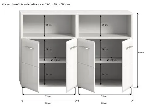 Bad Set Ice 3, 2-teilig, weiß Hochglanz, 2 Schränke mit Nischen oben und 4 Schubkästen unten, Metallfüße – Ansicht 5