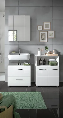 Bad Set Ice 3 | 3-teilig | weiß / weiß Hochglanz | mit Badaufsatzleuchte