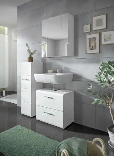 Bad Set Ice 3 | 3-teilig | weiß / weiß Hochglanz mit Badaufsatzleuchte