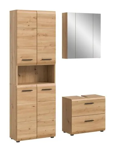 Bad Set Ice, 3-teilig, im Bad, Hochschrank mit offener Nische, Waschtisch mit Unterschrank und Spiegelschrank – Ansicht 2