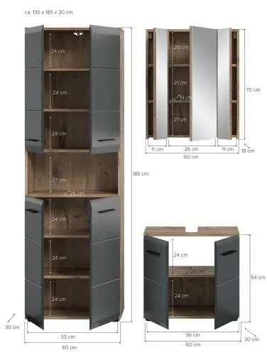 Bad Set Ice | 3-teilig | Nox Oak / schwarz matt mit Badaufsatzleuchte