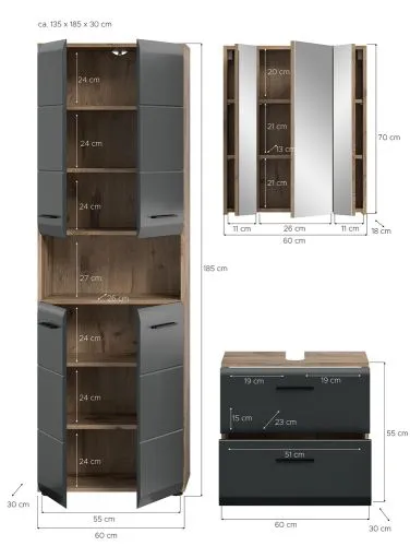 Bad Set Ice | 3-teilig | Nox Oak / schwarz matt ohne