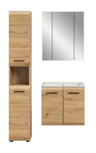Bad Set Ice 4, 3-teilig, im Bad, Waschtisch mit Unterschrank, Spiegelschrank und Hochschrank nebeneinander – Ansicht 3