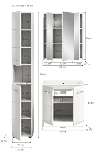 Bad Set Ice 4 | 3-teilig | weiß / weiß Hochglanz mit Badaufsatzleuchte