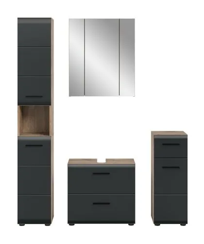 Bad Set Ice, 4-teilig, schwarz matt, im Bad, Waschtisch mit Unterschrank, Spiegelschrank, Hochschränke – Ansicht 3