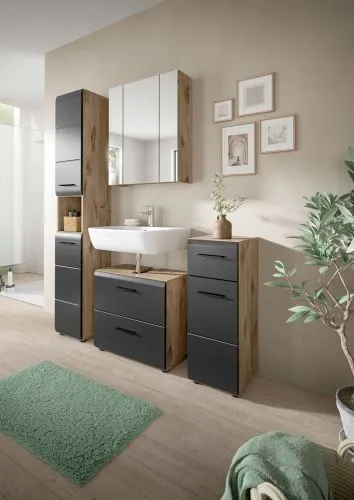 Bad Set Ice | 4-teilig | Nox Oak / schwarz matt mit Aufsatzleuchte