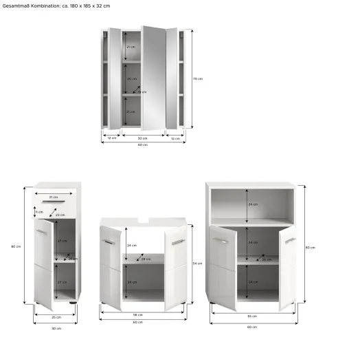 Bad Set Ice 8 | 4-teilig | weiß / weiß Hochglanz | mit Aufsatzleuchte