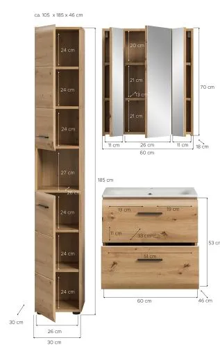 Bad Set Ice 5 | 3-teilig | Artisan Oak mit Badaufsatzleuchte