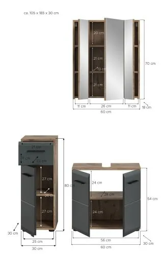 Bad Set Ice 5 | 3-teilig | Nox Oak / schwarz matt ohne
