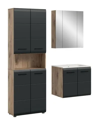 Bad Set Ice 6, 3-teilig, schwarz matt, im Bad, Hochschrank mit Nische, Waschtisch mit Unterschrank, Spiegelschrank – Ansicht 2