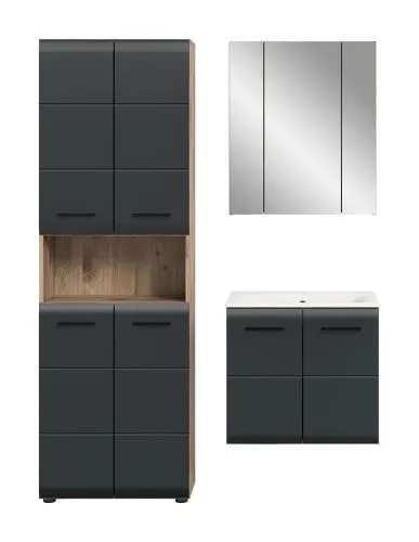 Bad Set Ice 6, 3-teilig, schwarz matt, im Bad, Hochschrank mit Nische, Waschtisch mit Unterschrank, Spiegelschrank – Ansicht 3