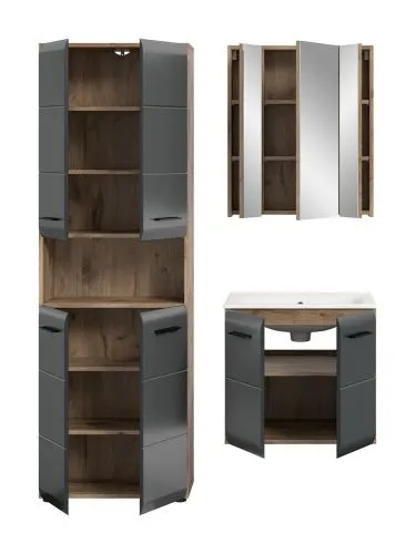 Bad Set Ice 6, 3-teilig, schwarz matt, im Bad, Hochschrank mit Nische, Waschtisch mit Unterschrank, Spiegelschrank – Ansicht 4