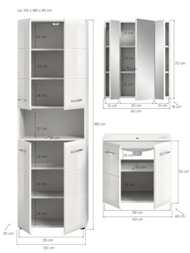 Bad Set Ice 6 | 3-teilig | weiß / weiß Hochglanz mit Badaufsatzleuchte