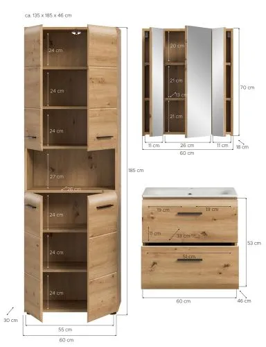 Bad Set Ice 7, 3-teilig, im Bad, Hochschrank mit offener Nische, Waschtisch mit Unterschrank und Spiegelschrank – Ansicht 5