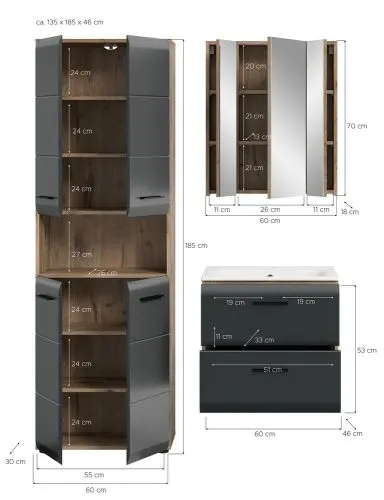 Bad Set Ice 7 | 3-teilig | Nox Oak / schwarz matt mit Badaufsatzleuchte