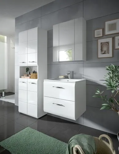 Bad Set Ice 7, 3-teilig, weiß Hochglanz, im Bad mit Hochschrank, Waschtisch mit Unterschrank und Spiegelschrank – Ansicht 7