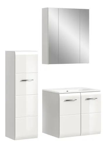 Bad Set Ice 8, 3-teilig, weiß Hochglanz, im Bad, Waschtisch mit Unterschrank, Spiegelschrank und Hochschrank nebeneinander – Ansicht 2