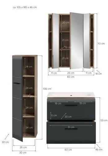 Bad Set Ice 9 | 3-teilig | Nox Oak / schwarz matt ohne