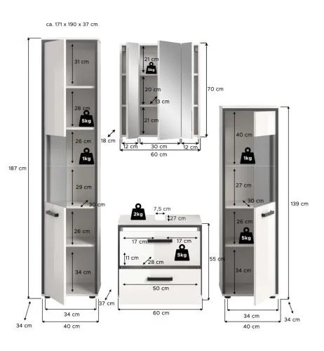 Bad Set Kojak 1 | 4-teilig | weiß / weiß Hochglanz | optional Beleuchtung