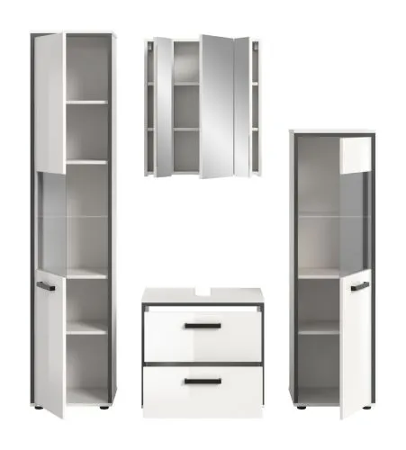 Bad Set Kojak 1 | 4-teilig | weiß / weiß Hochglanz | Spiegelschrank mit Beleuchtung